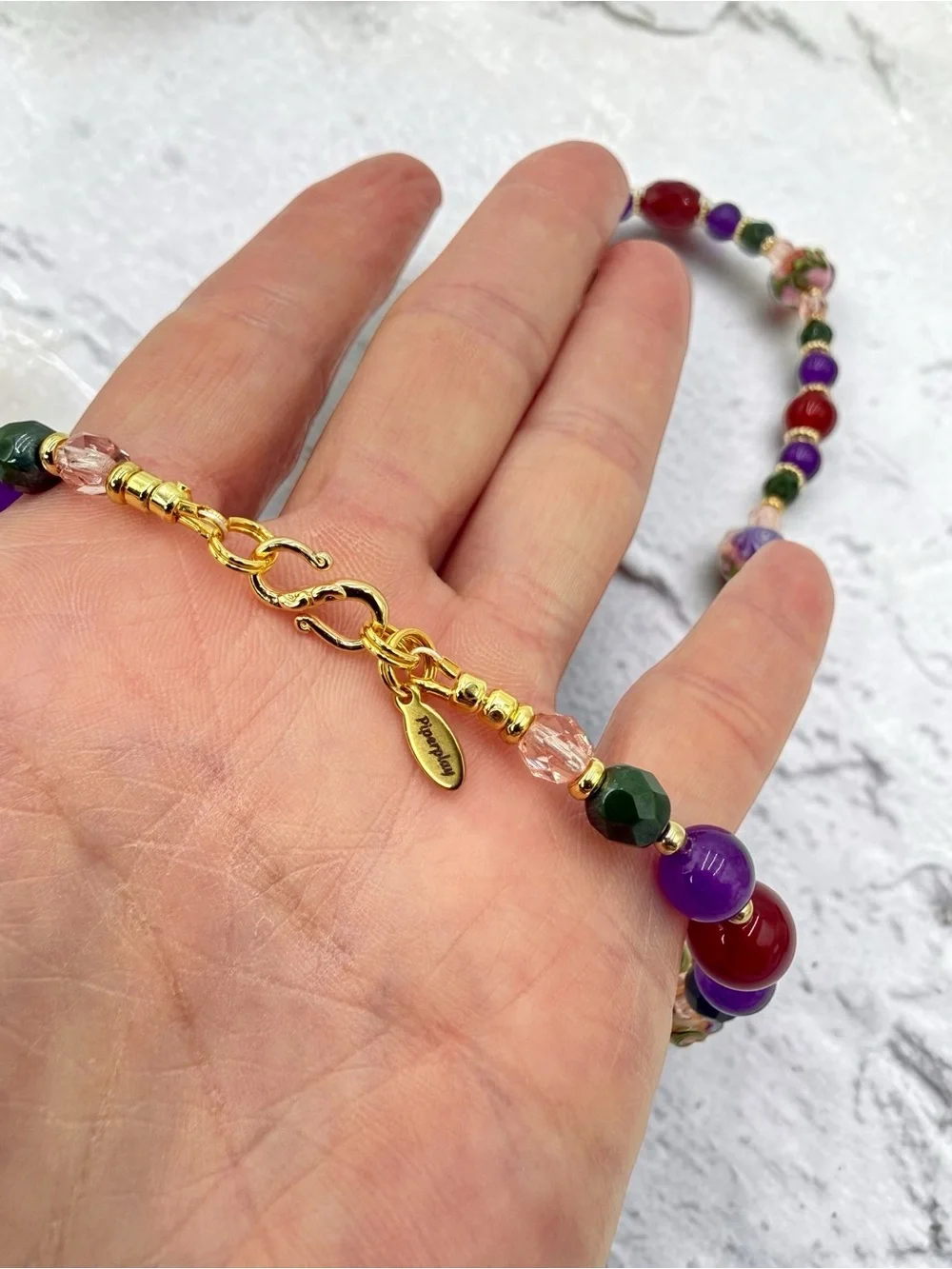 Artisan Handmade Amethyst Carnelian Lampwork Floral Necklace 20” Gold Floral Lux - Picture 8 of 17